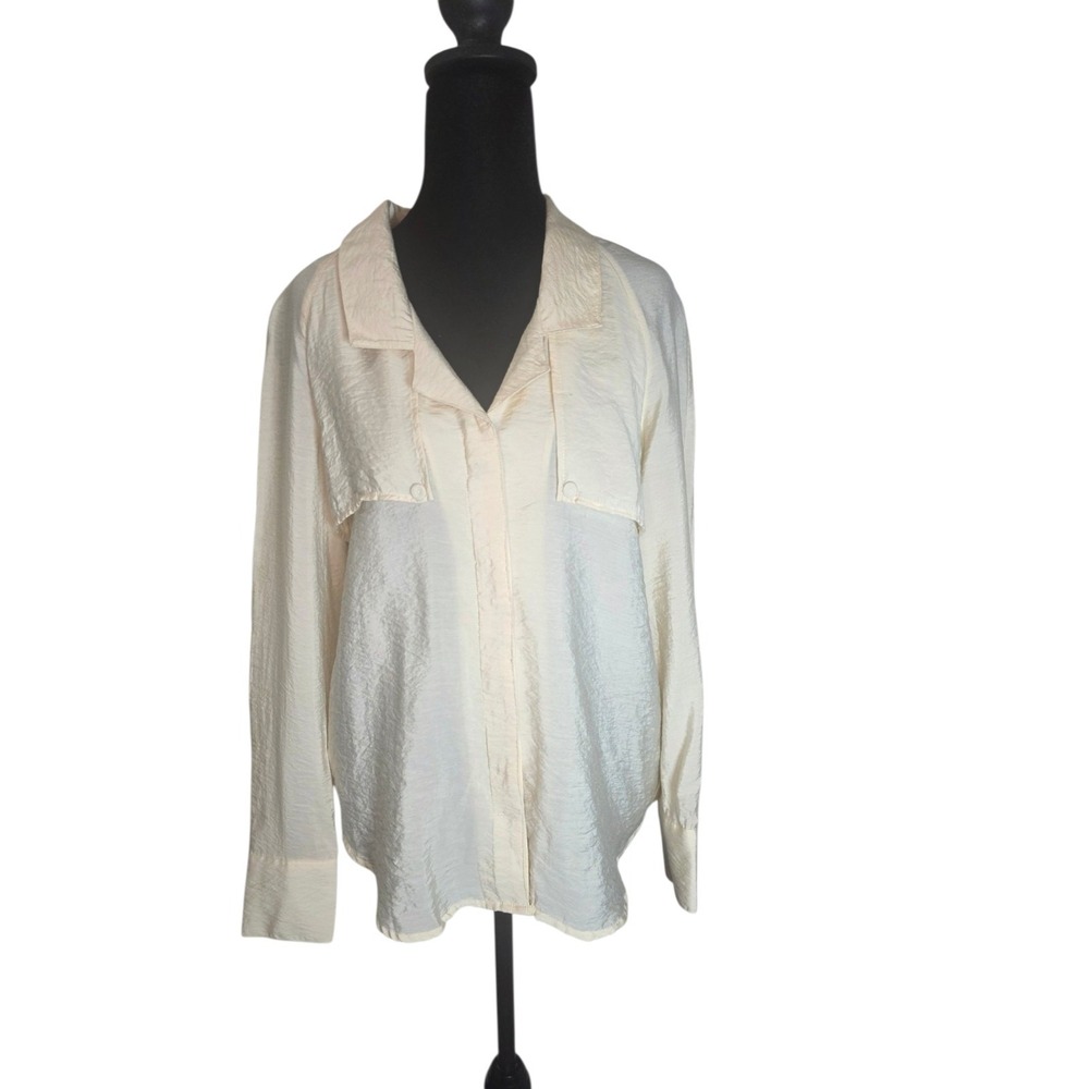 Mango MNG Cream Satin Button Blouse XS NWT Minimalist Workwear Chic